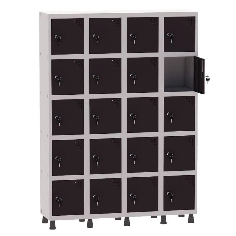Armário Guarda Volume Locker Roupeiro 4 Vãos 20 Portas Aço GRF504/20 Cinza e Preto - Pandin