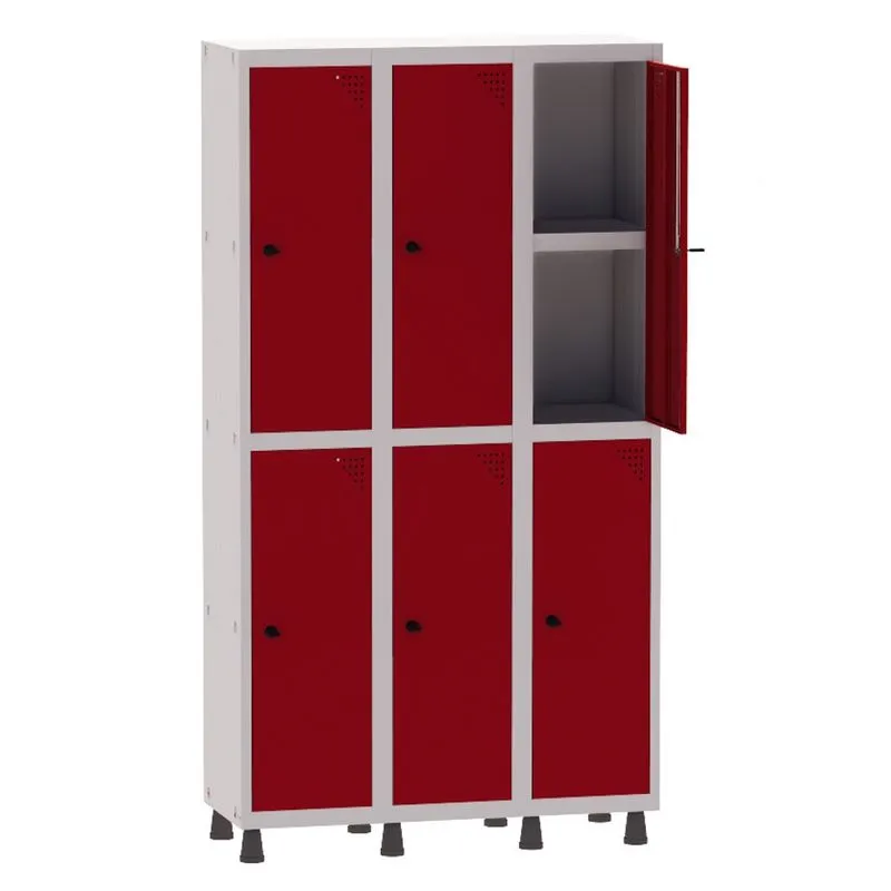 Armário Guarda Volume Locker Roupeiro 3 Vãos 06 Portas Com Prateleira GRP503PRI/6 Cinza e Vermelho - Pandin
