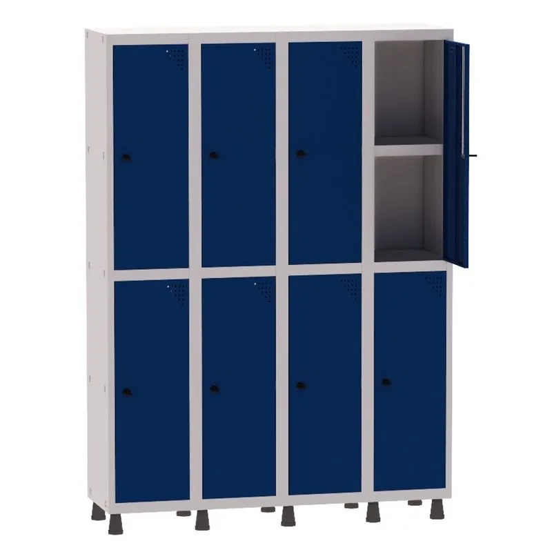 Armário Guarda Volume Locker Roupeiro 4 Vãos 08 Portas Com Prateleira GRP504PRI/8 Cinza e Azul Del Rey - Pandin