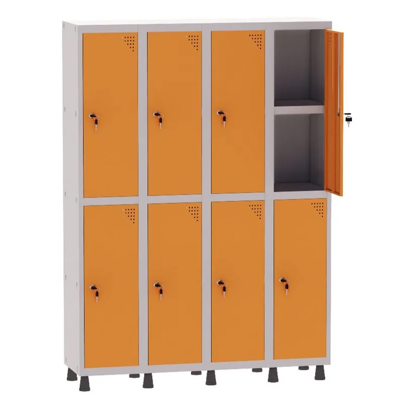 Armário Guarda Volume Locker Roupeiro 4 Vãos 08 Portas Com Prateleira GRF504PRI/8 Cinza e Laranja - Pandin