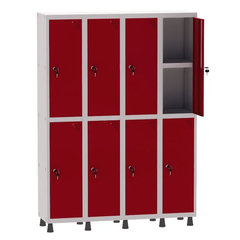 Armário Guarda Volume Locker Roupeiro 4 Vãos 08 Portas Com Prateleira GRF504PRI/8 Cinza e Vermelho - Pandin
