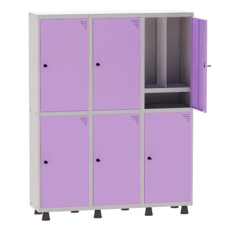 Armário Guarda Volume Locker Roupeiro Insalubre 3 Vãos 06 Portas Com Prateleira GRP503/6INSPV Cinza e Lilás - Pandin