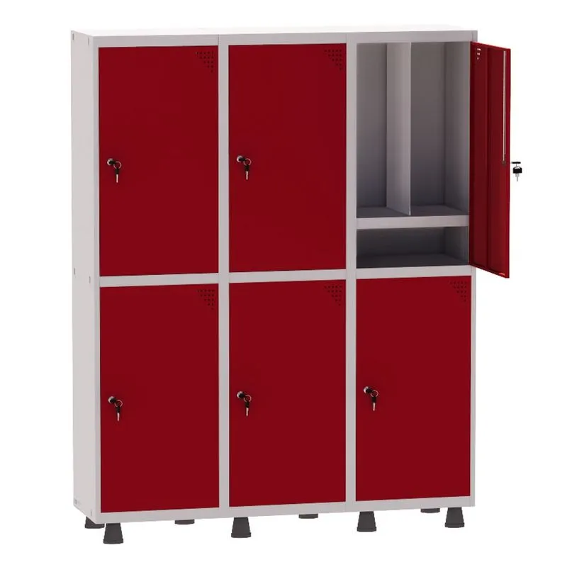 Armário Guarda Volume Locker Roupeiro Insalubre 3 Vãos 06 Portas Com Prateleira GRP503/6INSPV Cinza e Vermelho - Pandin