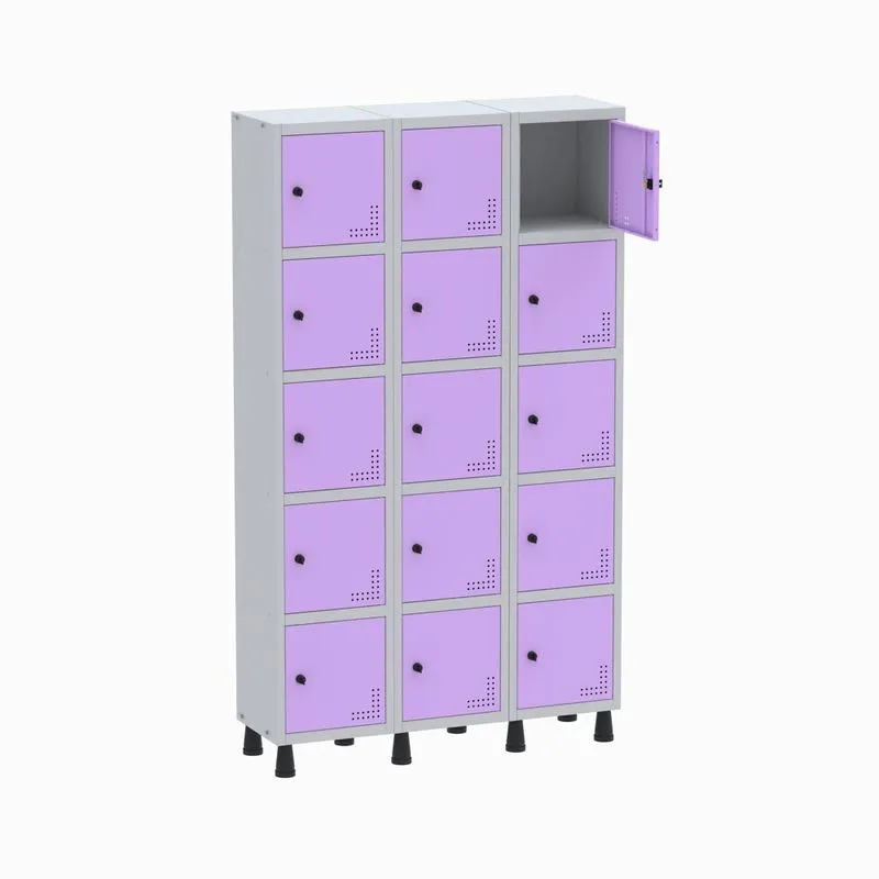 Armário Guarda Volume Locker Roupeiro 3 Vãos 15 Portas GR303/15 Light Cinza e Lilás - Pandin