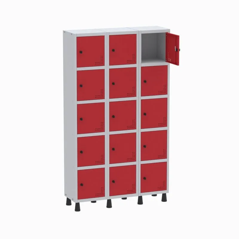 Armário Guarda Volume Locker Roupeiro 3 Vãos 15 Portas GR303/15 Light Cinza e Vermelho - Pandin