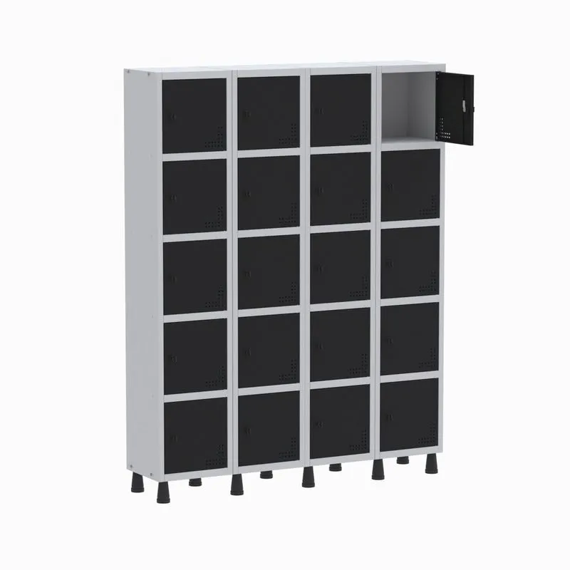 Armário Guarda Volume Locker Roupeiro 4 Vãos 20 Portas GR304/20 Light Cinza e Preto - Pandin