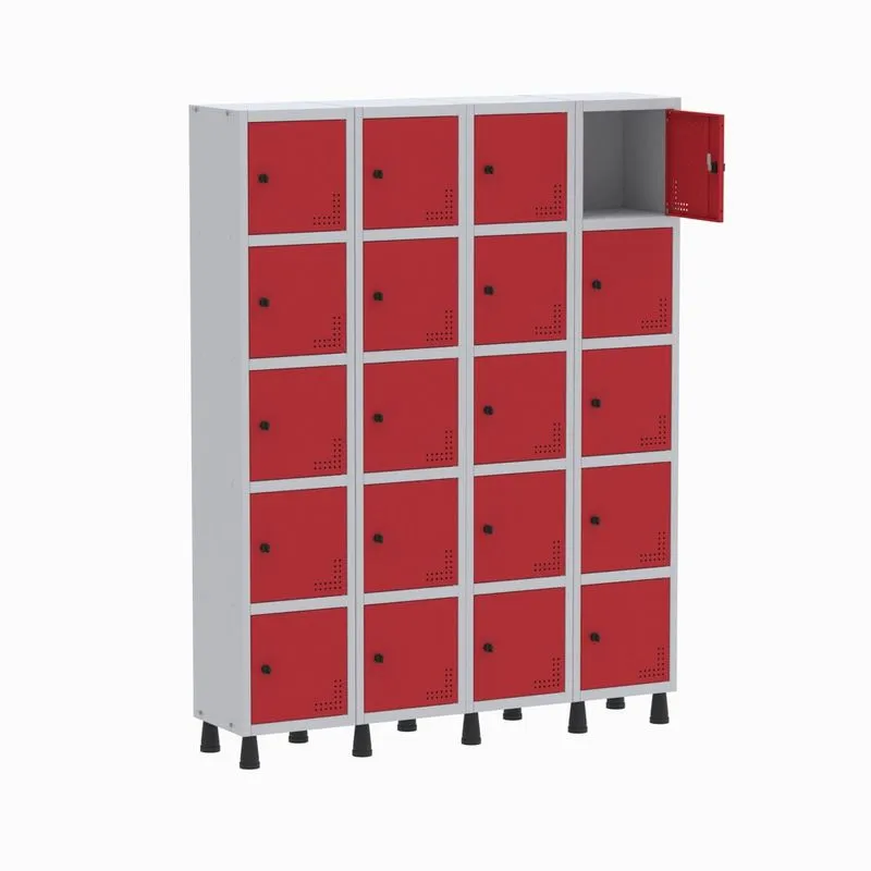 Armário Guarda Volume Locker Roupeiro 4 Vãos 20 Portas GR304/20 Light Cinza e Vermelho - Pandin