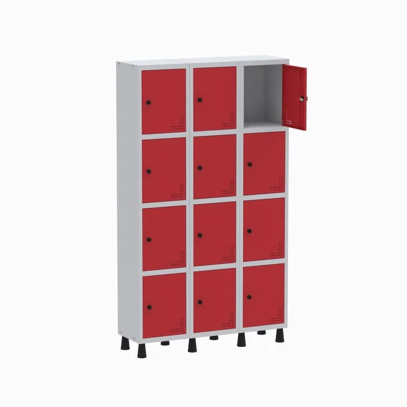 Armário Guarda Volume Locker Roupeiro 3 Vãos 12 Portas GR303/12 Light Cinza e Vermelho - Pandin