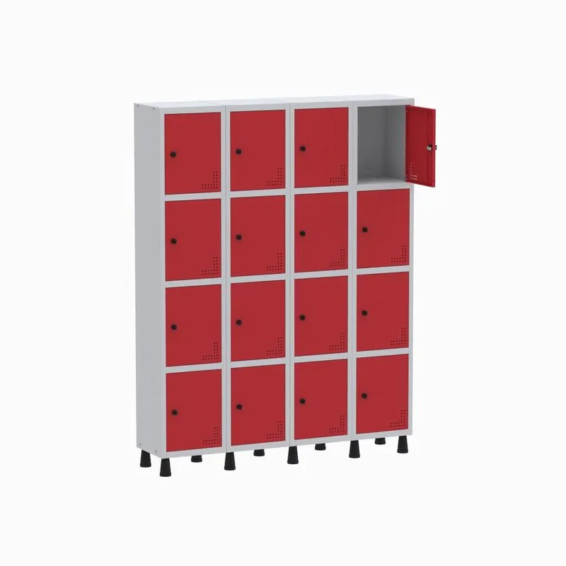 Armário Guarda Volume Locker Roupeiro 4 Vãos 16 Portas GR304/16 Light Cinza e Vermelho - Pandin