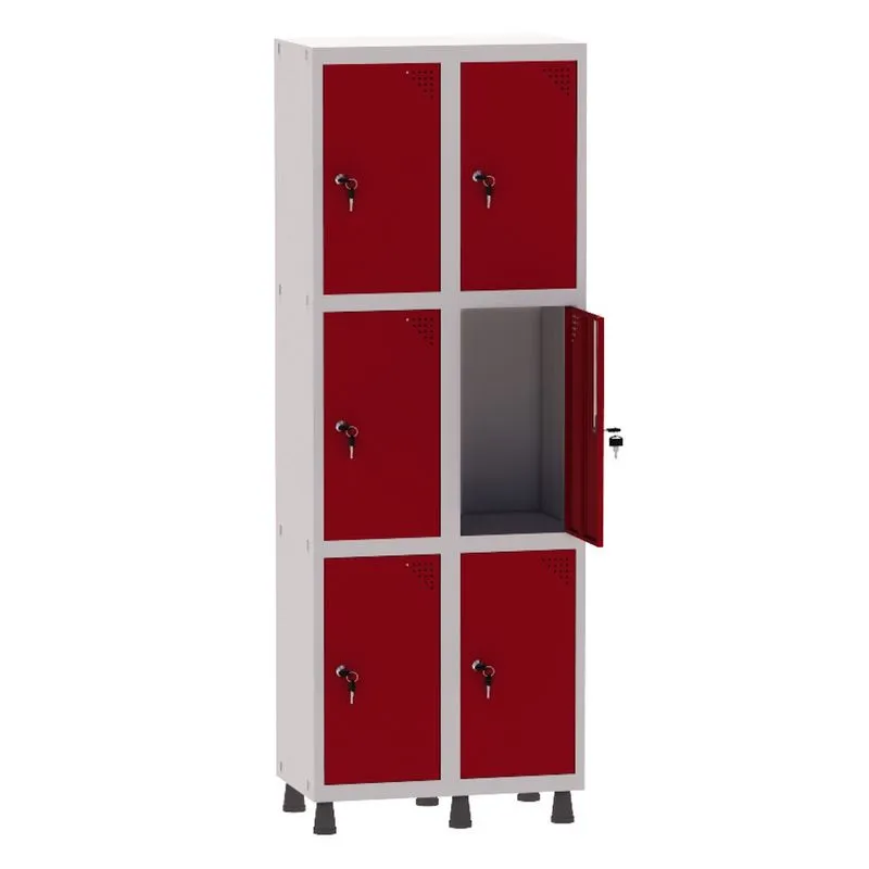 Armário Guarda Volume Locker Roupeiro 2 Vãos 6 Portas Aço GRF502/6 Cinza e Vermelho - Pandin