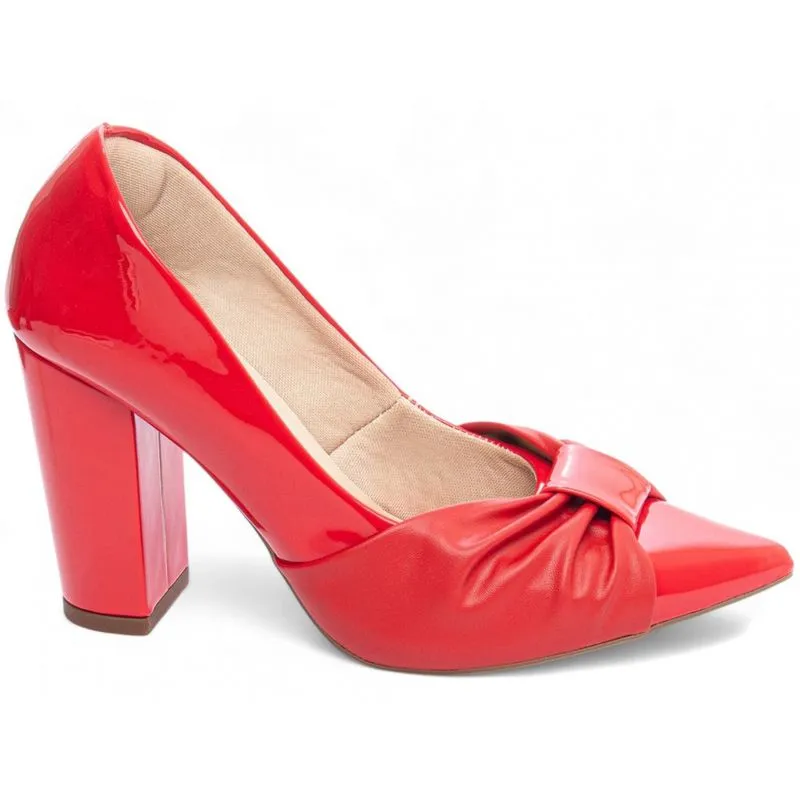 Sapato Scarpin Salto Alto Grosso Bico Fino Feminino Tiras Vermelho Torricella