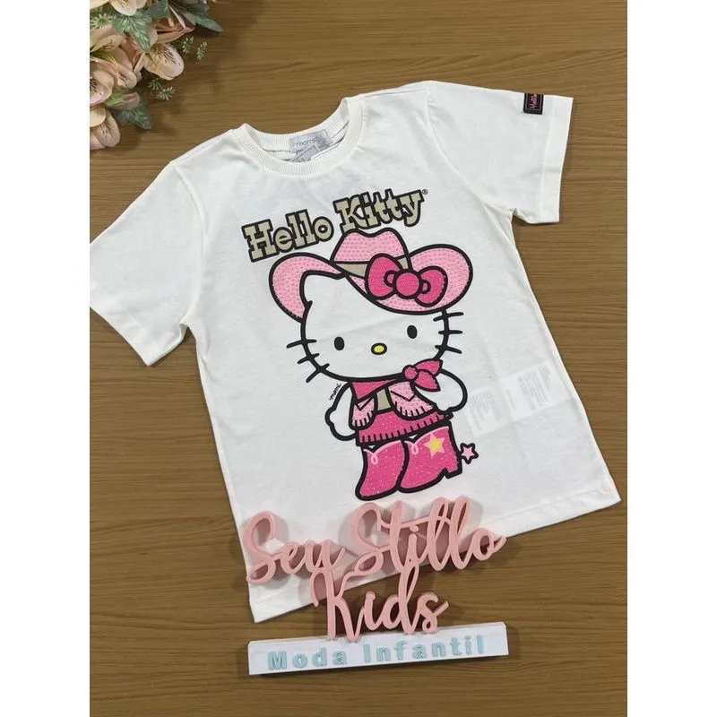 Blusa Infantil Momi Inverno Manga Curta Branco com Strass Hello Kitty