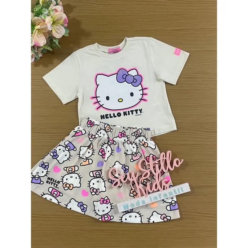 Conjunto Infantil Momi Verão Saia e Blusa Bege Hello Kitty