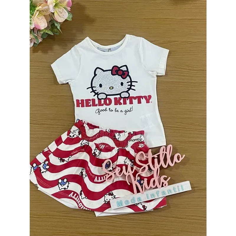Conjunto Infantil Momi Verão Saia Vermelha e Blusa Hello Kitty
