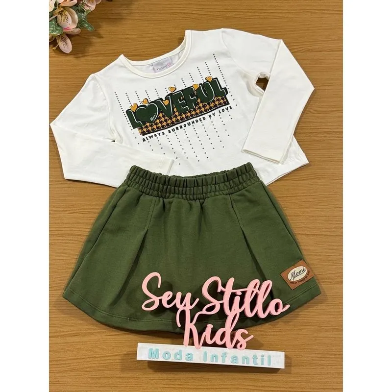 Conjunto Infantil Momi Inverno Shorts Saia Verde e Blusa Love
