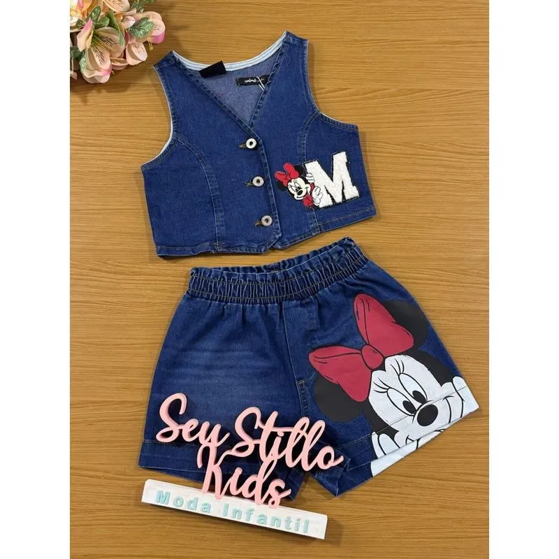 Conjunto Infantil Animê Verão Shorts e Colete Jeans Minnie Disney