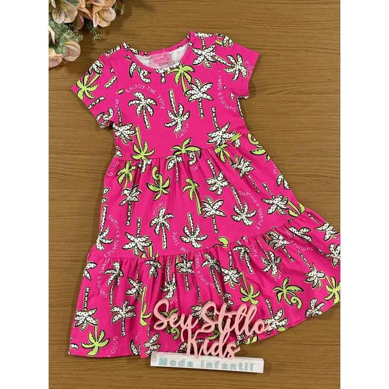 Vestido Infantil Momi Verão Rosa Coqueiros
