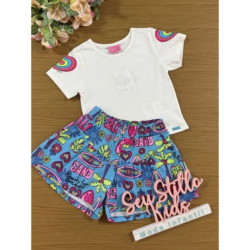 Conjunto Infantil Momi Verão Shorts Azul e Blusa Summer