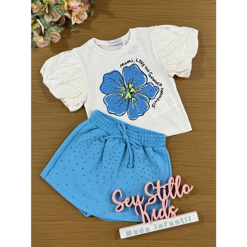 Conjunto Infantil Momi Verão Shorts Saia Azul e Blusa Flor