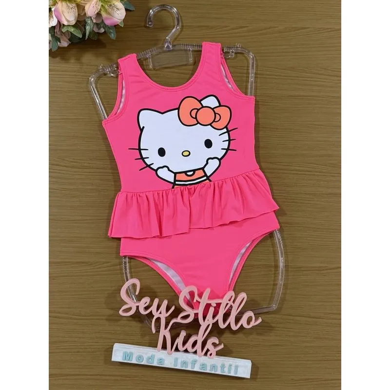 Maiô Infantil Momi Verão Rosa Neon com Babado Hello Kitty