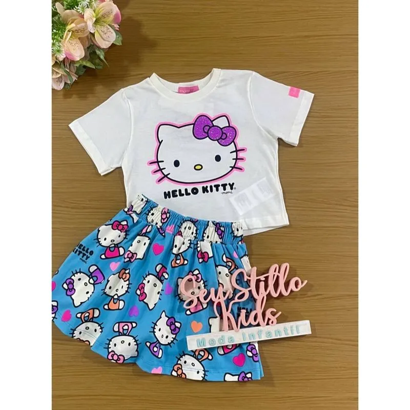 Conjunto Infantil Momi Verão Saia Azul e Blusa Off White Hello Kitty