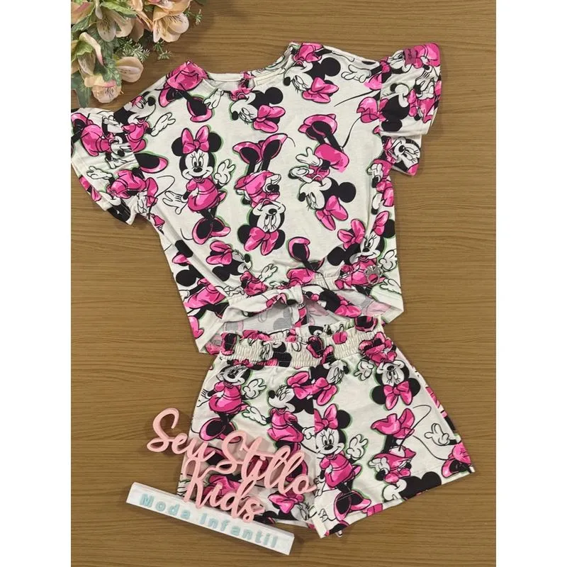 Conjunto Infantil Animê Verão Shorts e Blusa Minnie Rosa Disney