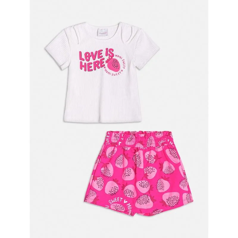 Conjunto Infantil Momi Verão Shorts Saia Rosa Morango e Blusa Canelada