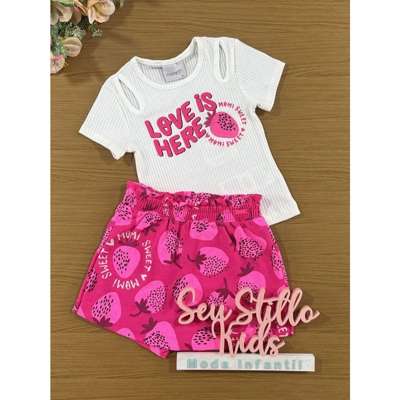 Conjunto Infantil Momi Verão Shorts Saia Rosa Morango e Blusa Canelada