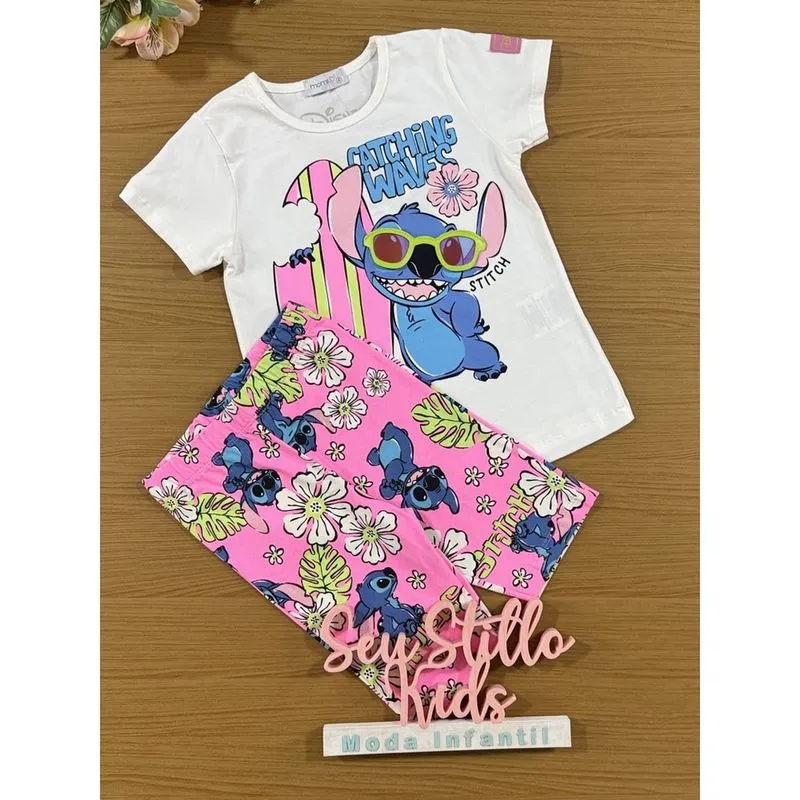 Conjunto Infantil Momi Verão Shorts Ciclista Rosa e Blusa Stitch Disney