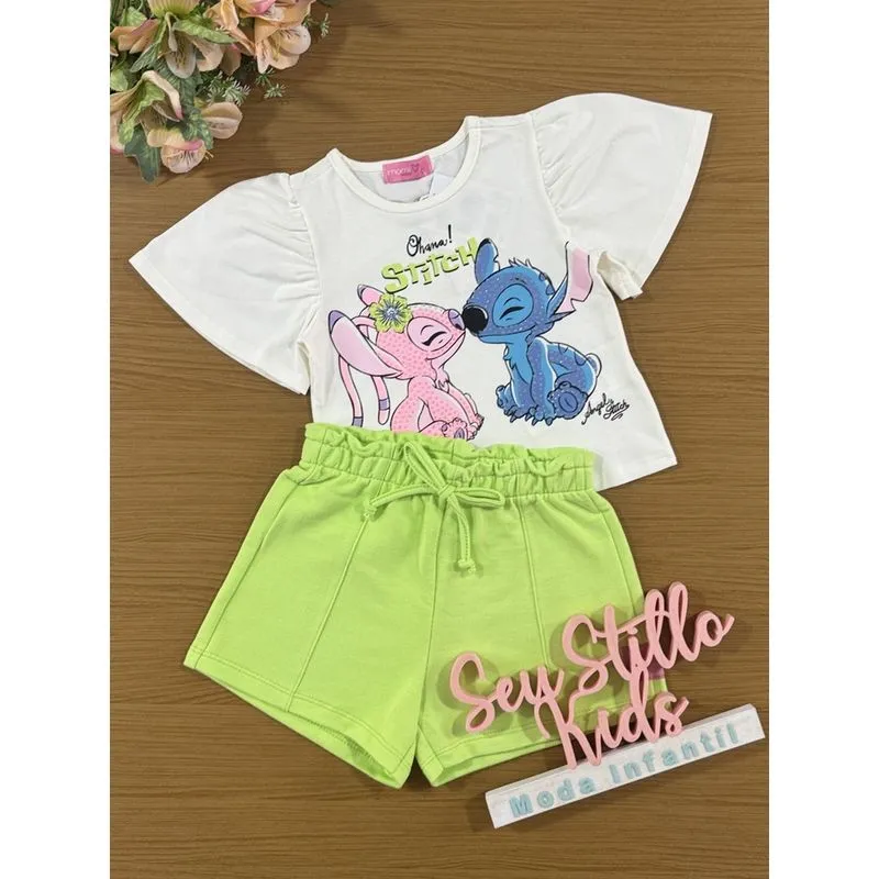 Conjunto Infantil Momi Verão Shorts Verde e Blusa Stitch