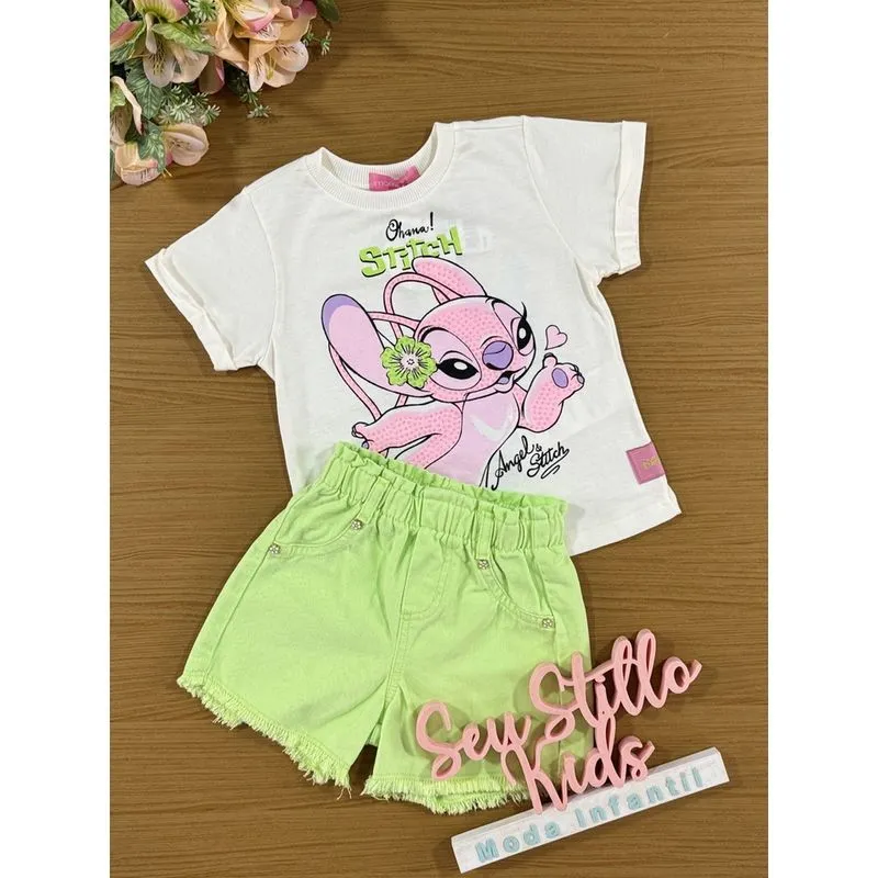 Conjunto Infantil Momi Verão Shorts Jeans Verde e Blusa Angel Stitch