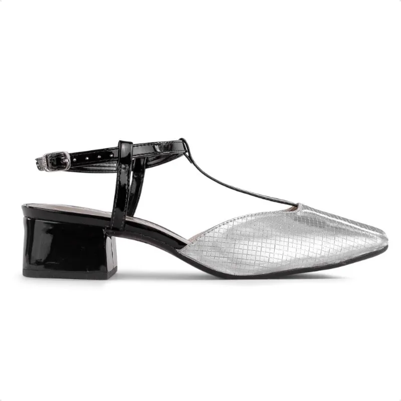 Scarpin Via Uno Salto Bloco Baixo Verniz Feminino 39 / Prata / Preto