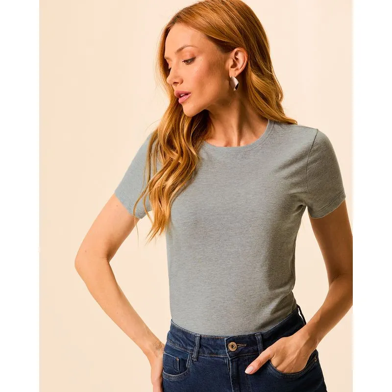 Camiseta Básica Feminina Slim Em Algodão Cinza - PP