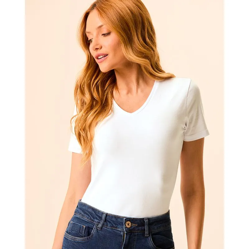 Camiseta Básica Feminina Decote V Em Algodão Branco - PP
