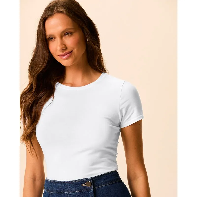 Camiseta Básica Feminina Slim Decote Redondo Em Algodão Branco - PP
