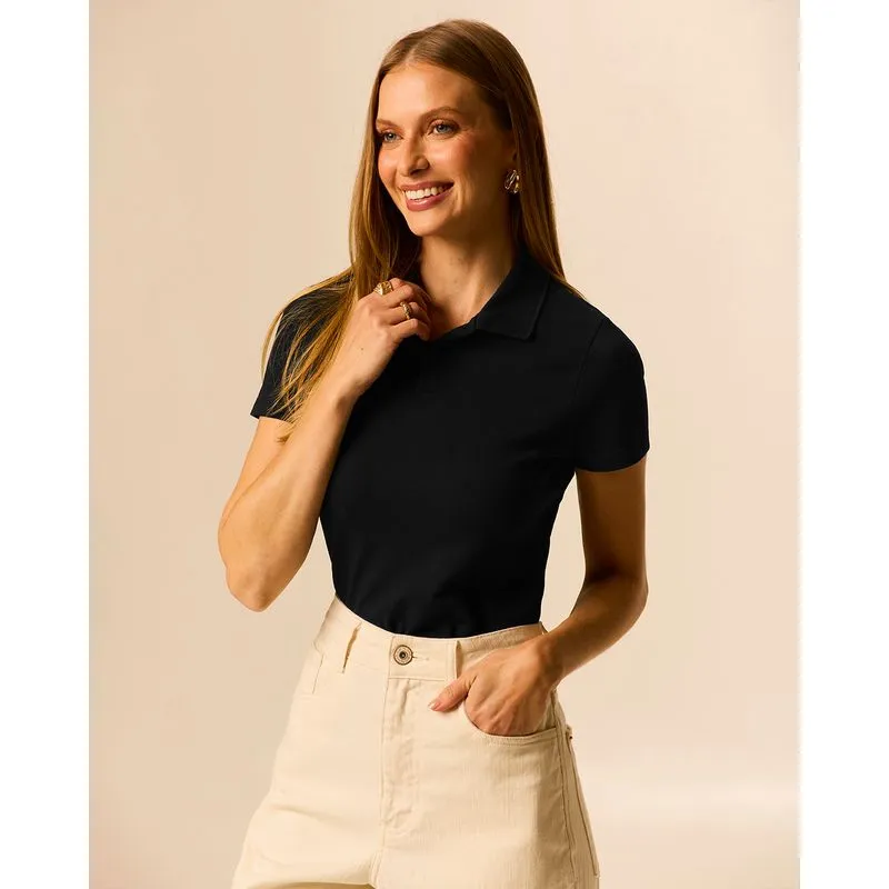 Camisa Polo Básica Feminina Com Peitilho Em Piquet Stretch Preto - PP