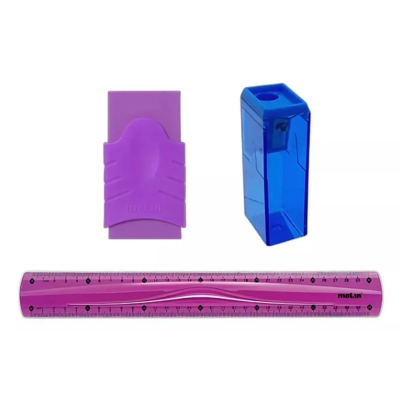 Kit Régua + Apontador + Borracha Roxo Molin Neon Escolar