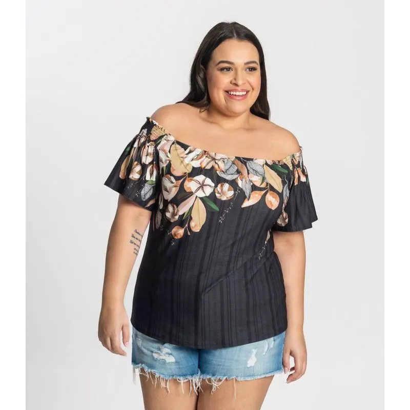 Blusa Plus Size Ciganinha Feminina Secret Glam Preto Plus GG