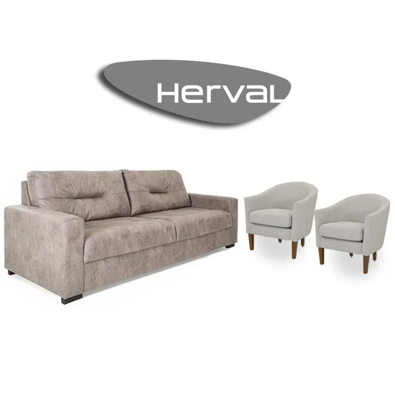 Conjunto Sofá 4 Lugares E 2 Poltronas Herval Marine, Veludo Marrom Claro E Linho Gelo
