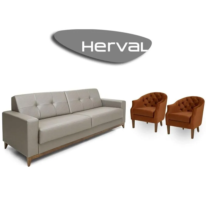 Conjunto Sofá 4 Lugares E 2 Poltronas Herval Safira, Sintético Facto E Veludo Molhado Caqui