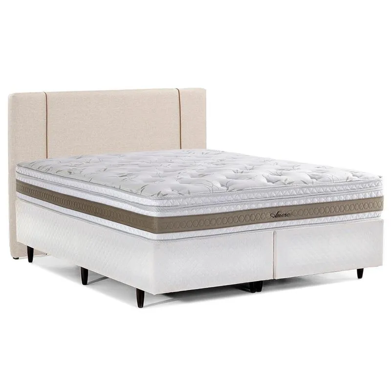 Cama Box com Cabeceira Queen Herval Amore, 67x158x198 cm, Molas Ensacadas, Base Branca