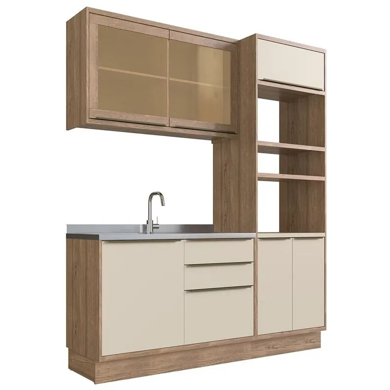 Cozinha Compacta 100% MDF Modular Édez Uno, 3 Peças, Off White e Louro Freijo