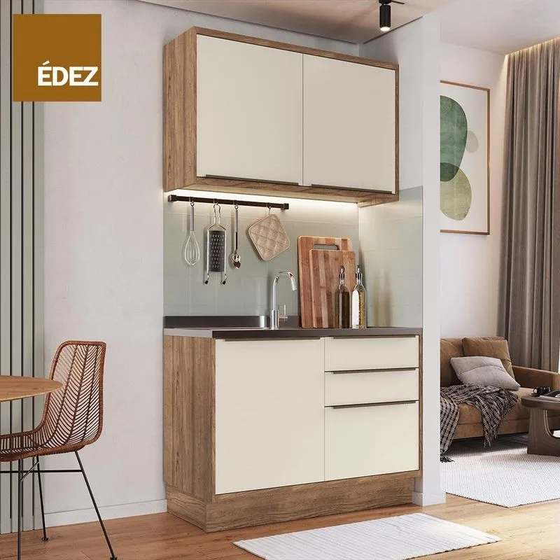 Cozinha Compacta 100% Mdf Modulada Édez Uno, 2 Peças, Off White E Louro Freijó