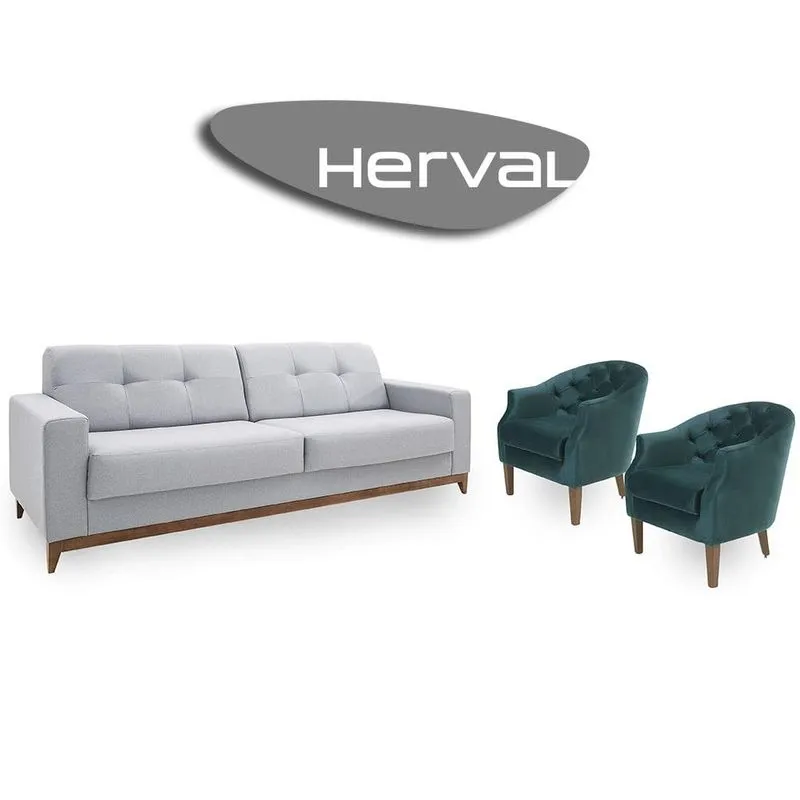 Conjunto Sofá 4 Lugares E 2 Poltronas Herval Safira, Cinza Claro