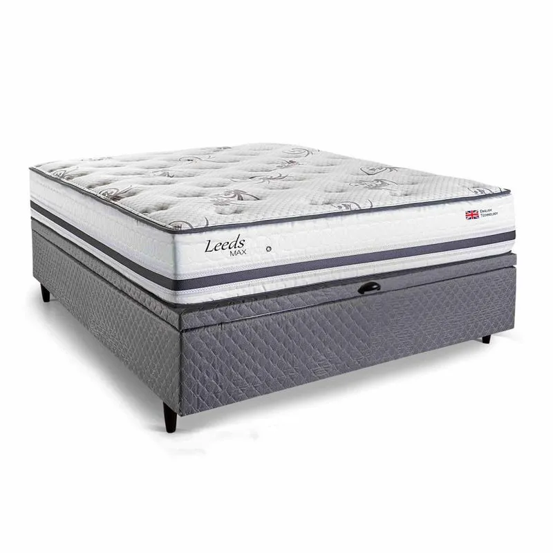 Cama Box Baú Casal Herval Leeds, 76x138x188 Cm, Molas Maxspring, Cinza