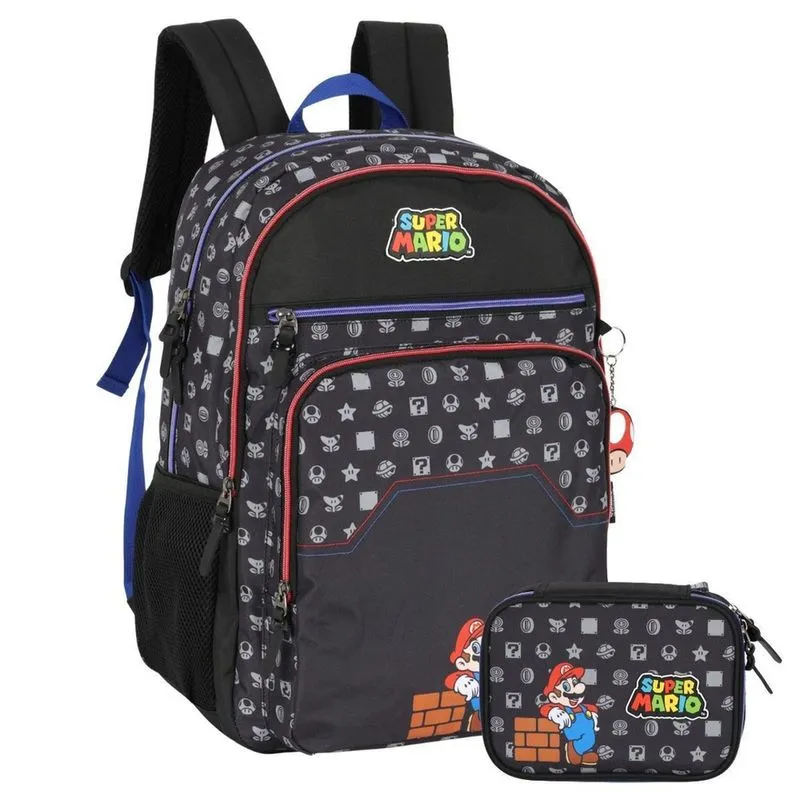 Kit Mochila Costas Super Mario Bros Escolar Estojo - Preto
