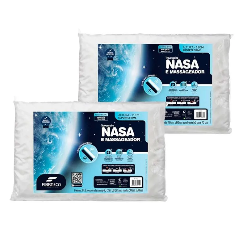 Kit 2 Travesseiros Nasa Up3 E Massageador Viscoelástico 40x60cm Fibrasca