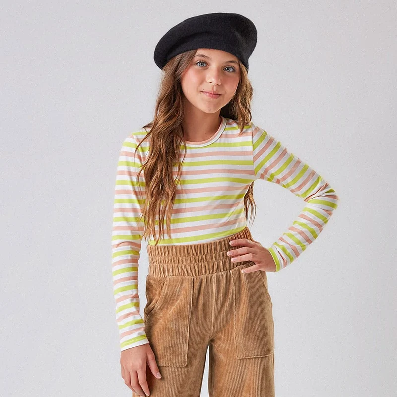 Blusinha Manga Longa Cotton Listrada Nina Cotton - Feminina 06 / Menina / Creme