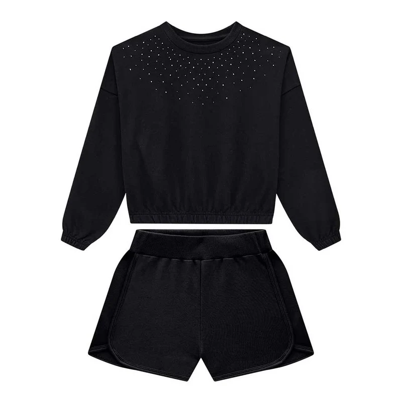 Conjunto Blusão e Short em Moletinho Strass Nina Go! - Feminino 14 / Menina / Preto