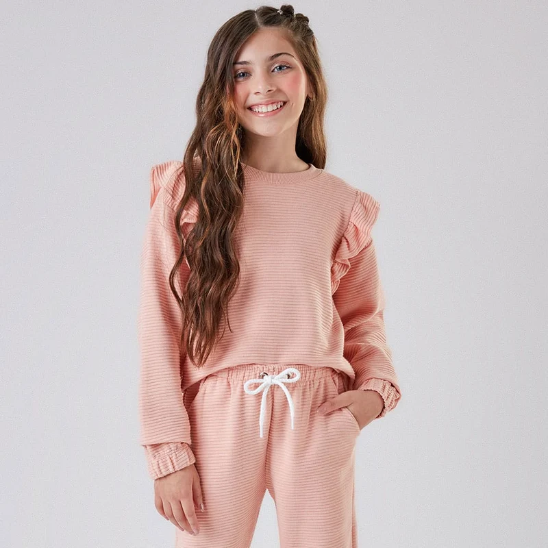 Blusinha Manga Longa Algodão Texturizado Babado Nina Go - Feminina 18 / Menina / Lilas